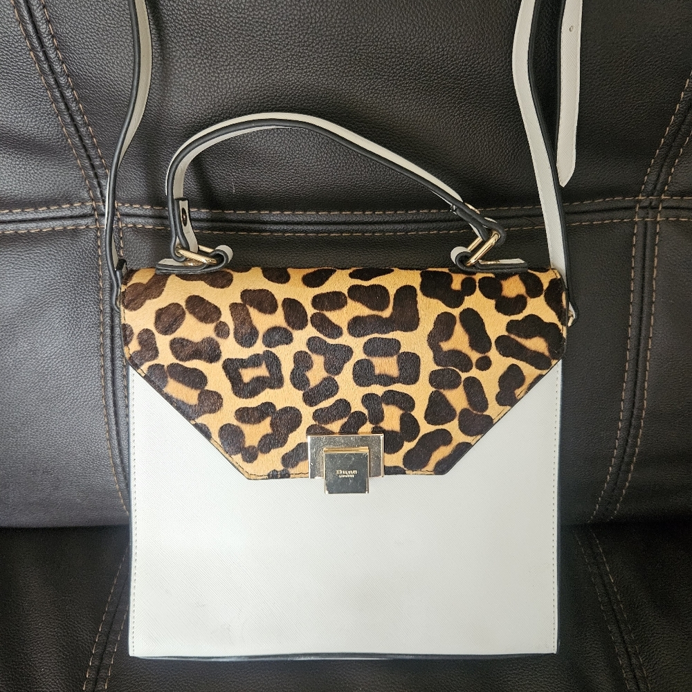Dune london flap bag cow hair leather crossbody satchel purse white leopard